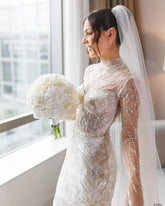 Shining White Mermaid High-Neck Long Sleeves Beaded Sweep Train Tulle Wedding Dress With Sequins